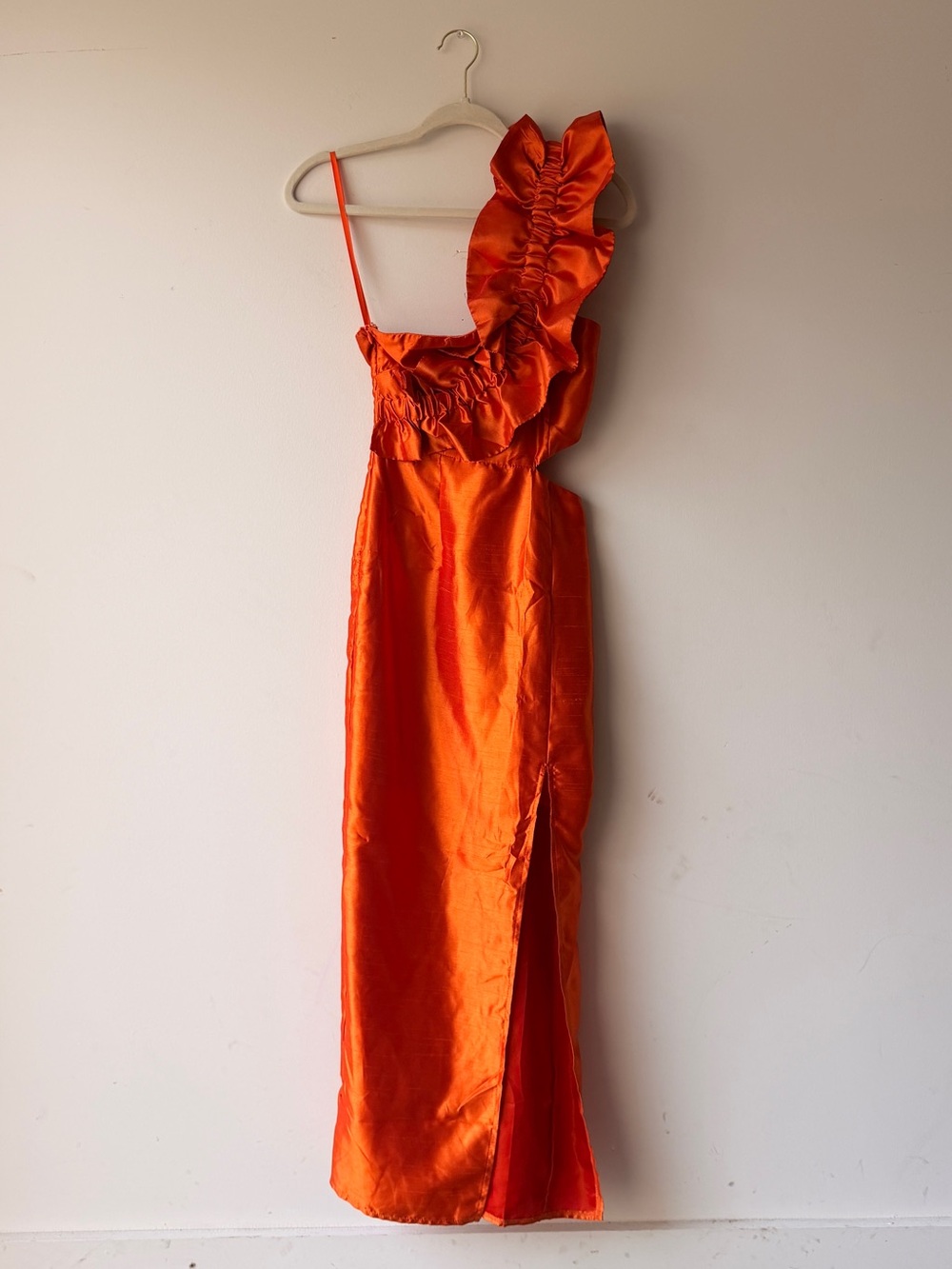 Here Comes The Sun One-Shoulder Ruffle Satin Evening Gown in Vibrant Orange